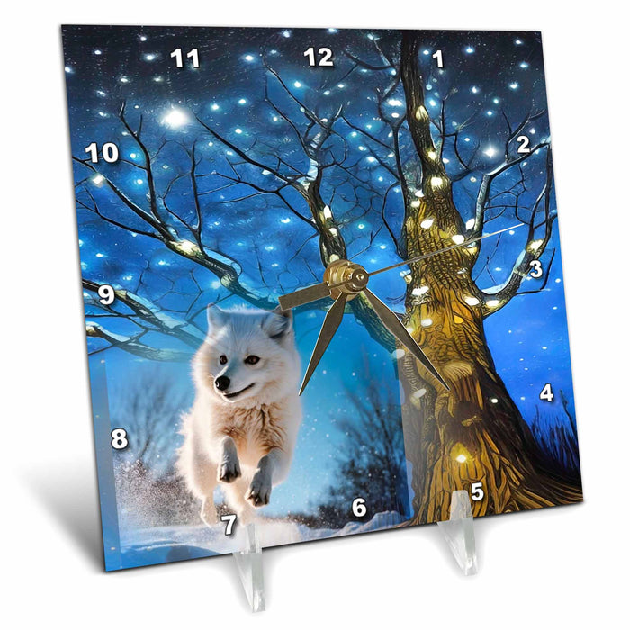 Desk Clock - Lit up tree sparkling in the snow with white wolf Animals