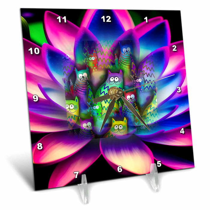 Desk Clock - Abstract bright colors and cat art Cats