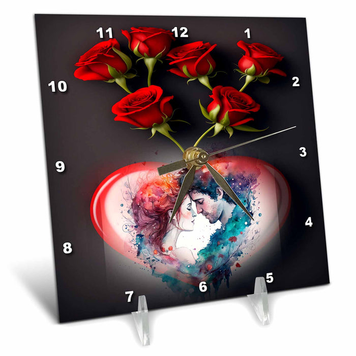 Desk Clock - Beautiful red roses and couple in a heart Love