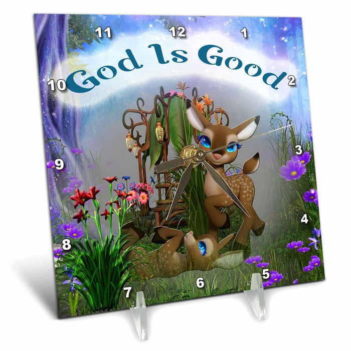 Desk Clock - Cute deer in flower garden with God is good saying Religious