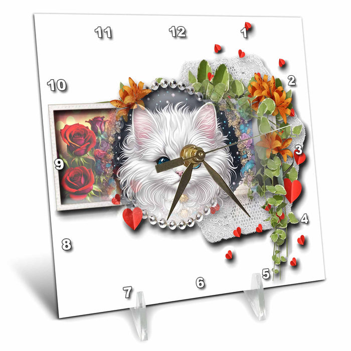 Desk Clock - Beautiful cat surrounded by beatiful flowers Cats