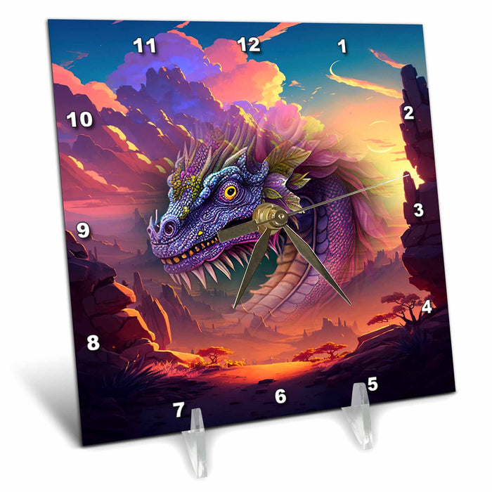 Desk Clock - Wicked dragon and abstract mountain background Fantasy