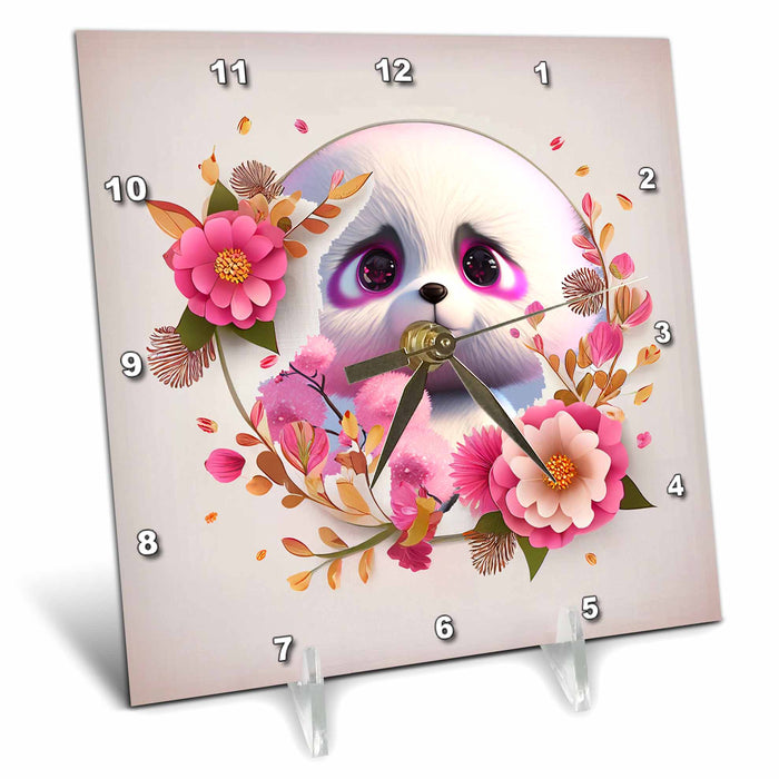 Desk Clock - Sweet bear and floral arrangement big eyes and lots of love Animals