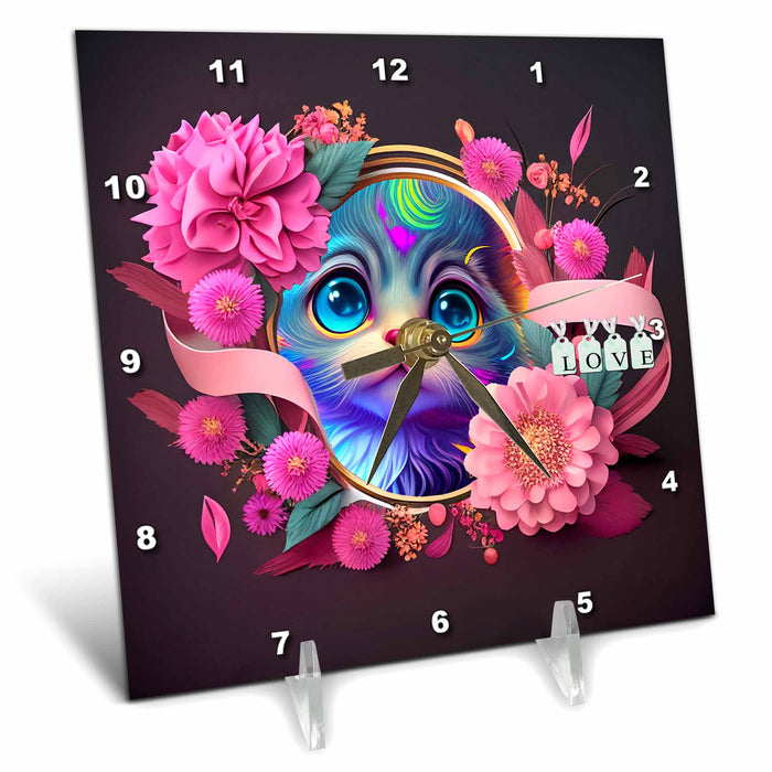 Desk Clock - Love kitty surrounded by beautiful floral arrangement just adorable Cats