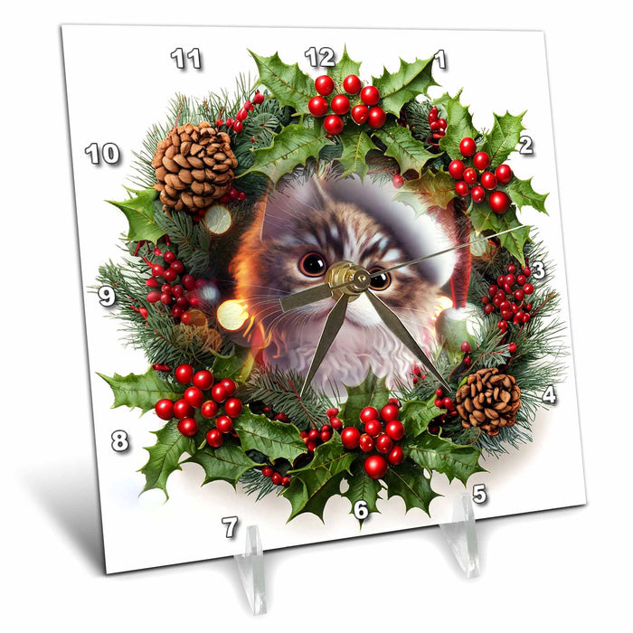 Desk Clock - Christmas wreath with one cute cat Christmas