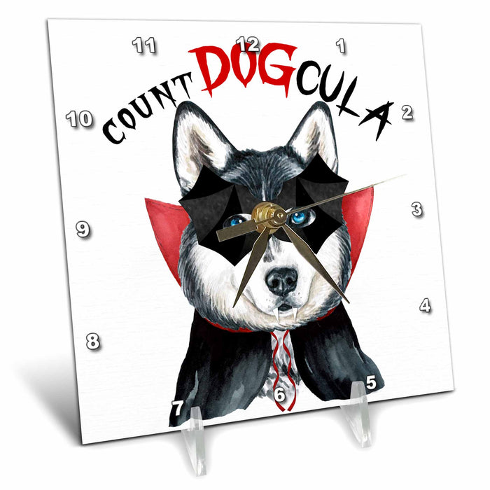 Desk Clock - Siberian Husky Ready for Halloween Dressed as Count DOGcula Halloween Dogs