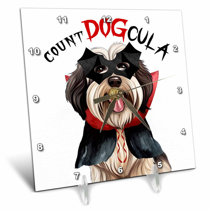 Desk Clock - This Tibetan Terrier is Ready for Halloween Dressed as Count DOGcula Halloween Dogs