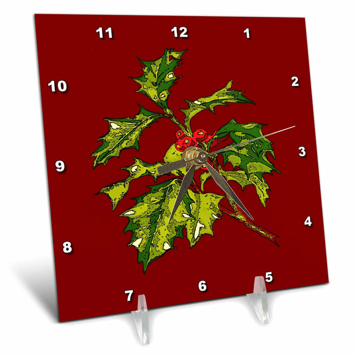 Desk Clock - Black Outline Art Of Christmas Holly Cut Out Vector Art - Holly Berries