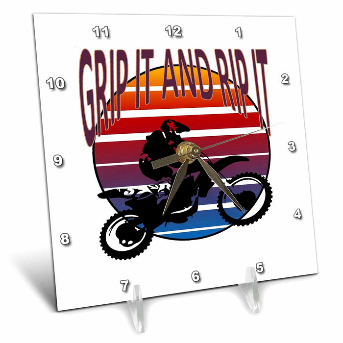 Desk Clock - Grip It And Rip It Dirt Bike Retro Biker MX Vector Art - Dirtbike Humor