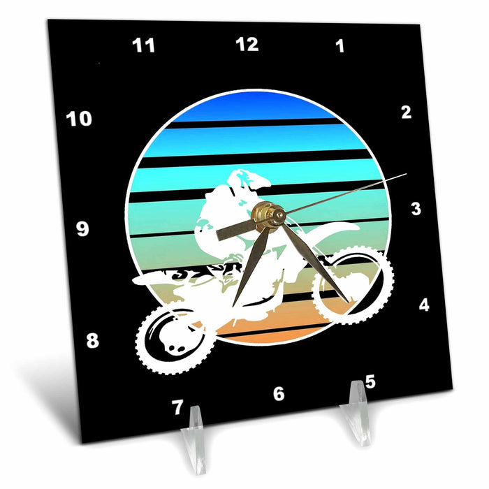 Desk Clock - Motor X White Silhouette Dirt Bike Retro Sunset Vector Art - Dirtbike MX