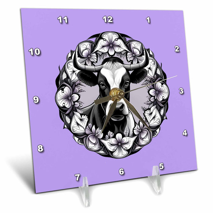 Desk Clock - Dairy Cow Surrounded By A Wreath Of Wood Violet Tattoo Vector Art - Wisconsin Mammal Flower