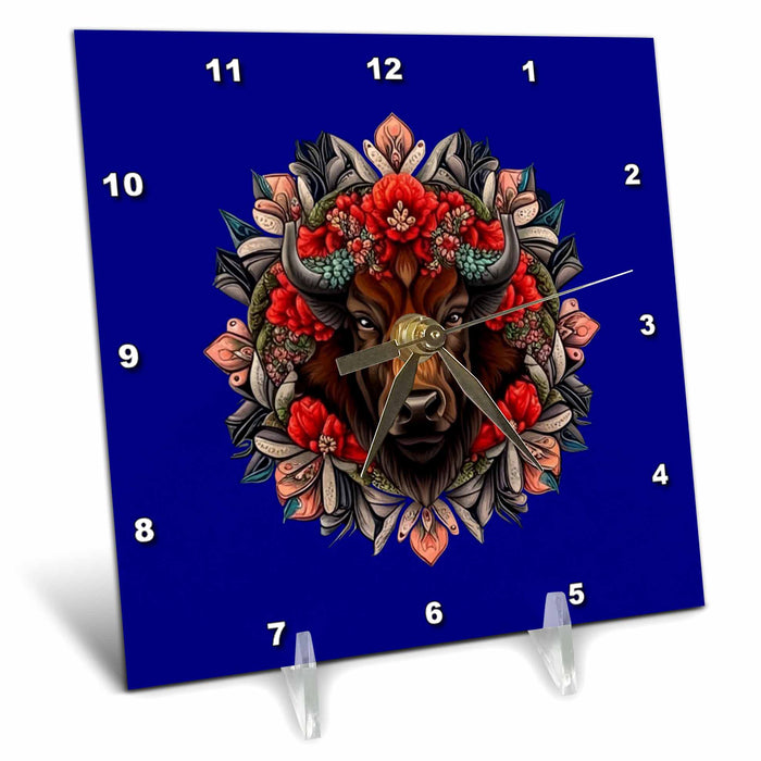 Desk Clock - American bison Surrounded By A Wreath Of Indian Paintbrush Vector Art - Wyoming State Mammal Flower