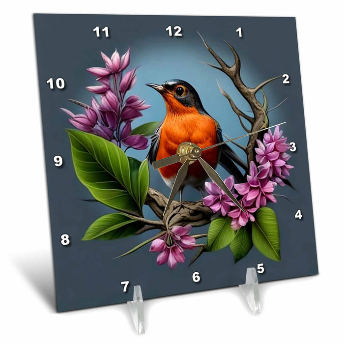 Desk Clock - Cartoon Of An American Robin With Connecticut State Flower Acrylic Painting - Conneticut State