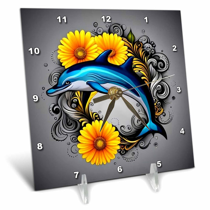 Desk Clock - Cartoon Of A Porpoise or Dolphin With Florida Wildflowers Acrylic Painting - Florida State Emblem