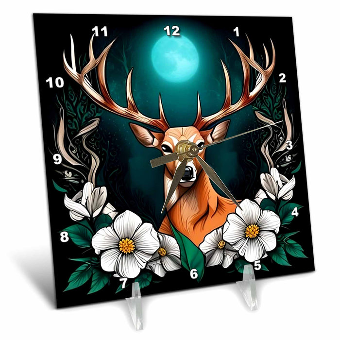 Desk Clock - Cartoon Tattoo Art Of A Deer With Georgia Rose Acrylic Painting - Georgia State Emblem