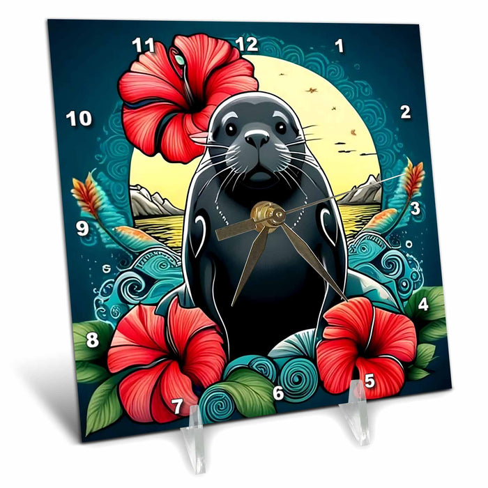 Desk Clock - Cartoon Tattoo Art Of Hawaiian Monk Seal With Hibiscus Acrylic Painting - Hawaii State Emblem