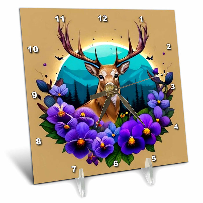 Desk Clock - White-tailed Illinois Deer With Violets Colored Tattoo Art Acrylic Painting - Illinois State Emblem