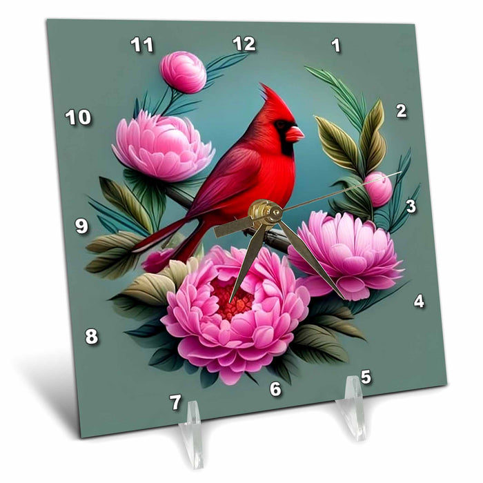 Desk Clock - Cardinal Bird With Peony Color Indiana State Tattoo Art Acrylic Painting - Indiana State Emblem