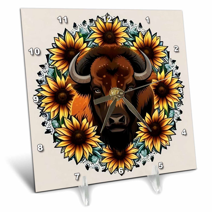 Desk Clock - American Bison With Sunflower Wreath Kansas State Tattoo Art Acrylic Painting - Kansas State Emblem