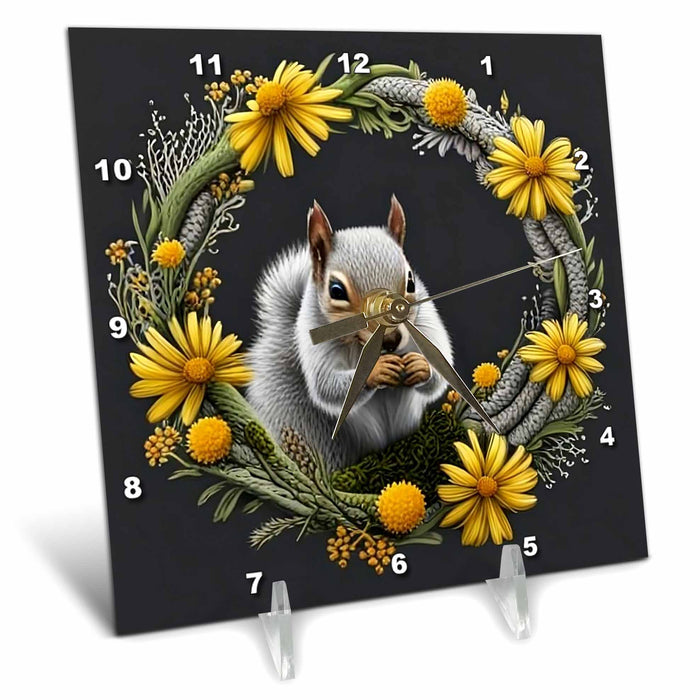 Desk Clock - Gray Squirrel With Yellow Flower Wreath Kentucky State Tattoo Art Acrylic Painting - Kentucky State Emblem