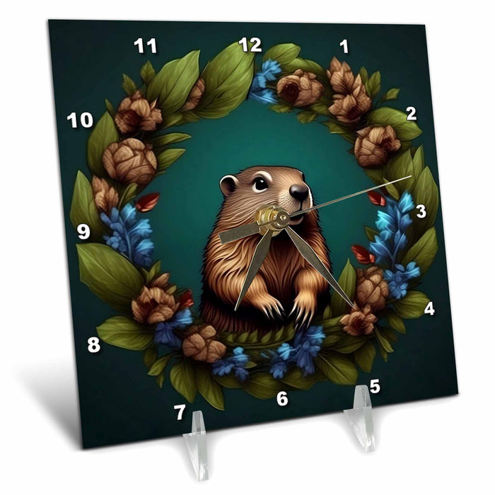 Desk Clock - Groundhog Woodchuck With Mayflower Massachusetts State Tattoo Art Acrylic Painting - Massachusetts Emblem