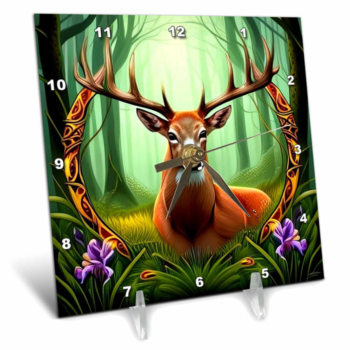 Desk Clock - White-tailed Deer With Wildflower Michigan State Tattoo Art Acrylic Painting - Michigan Emblem