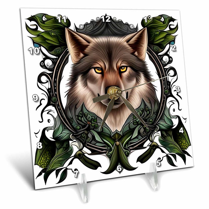 Desk Clock - A Timber Wolf Surrounded By Ladys Slipper Minnesota State Tattoo Art Acrylic Painting - Minnesota Emblem