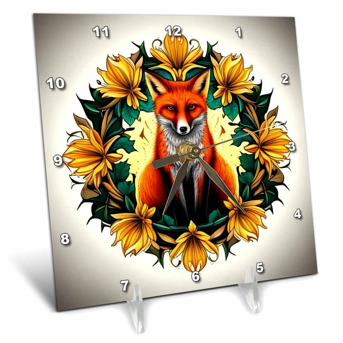 Desk Clock - A Red Fox Surrounded By Tickseed Mississippi State Tattoo Art Acrylic Painting - Mississippi Emblem