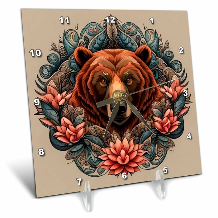 Desk Clock - A Brown Bear Surrounded By Bitterroot Montana State Tattoo Art Acrylic Painting - Montana State Emblem