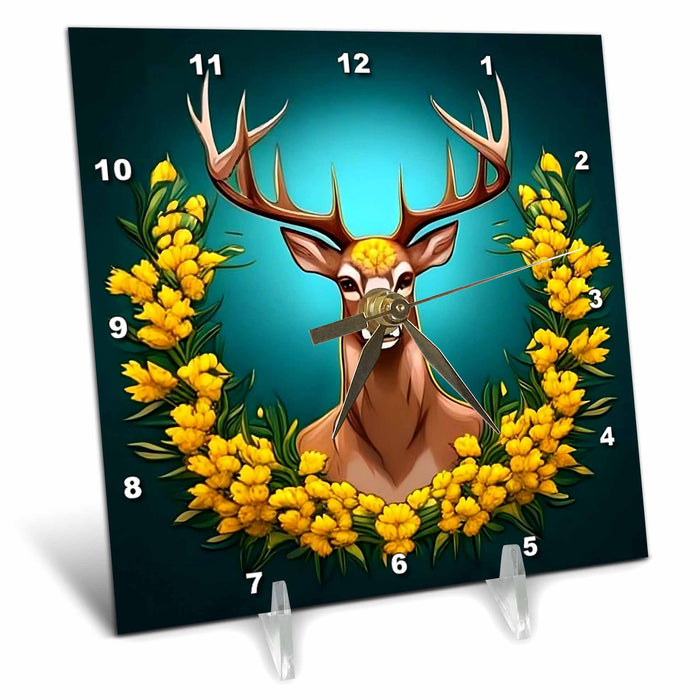 Desk Clock - A White Tailed Deer Surrounded By Goldenrod Nebraska State Tattoo Art Acrylic Painting - Nebraska State Emblem