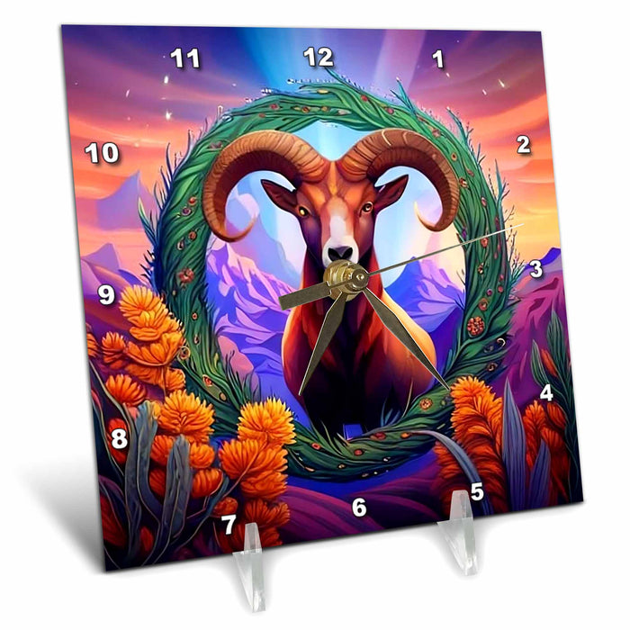 Desk Clock - Desert Bighorn Sheep Surrounded By Sagebrush Nevada State Tattoo Art Acrylic Painting - Nevada State Emblem