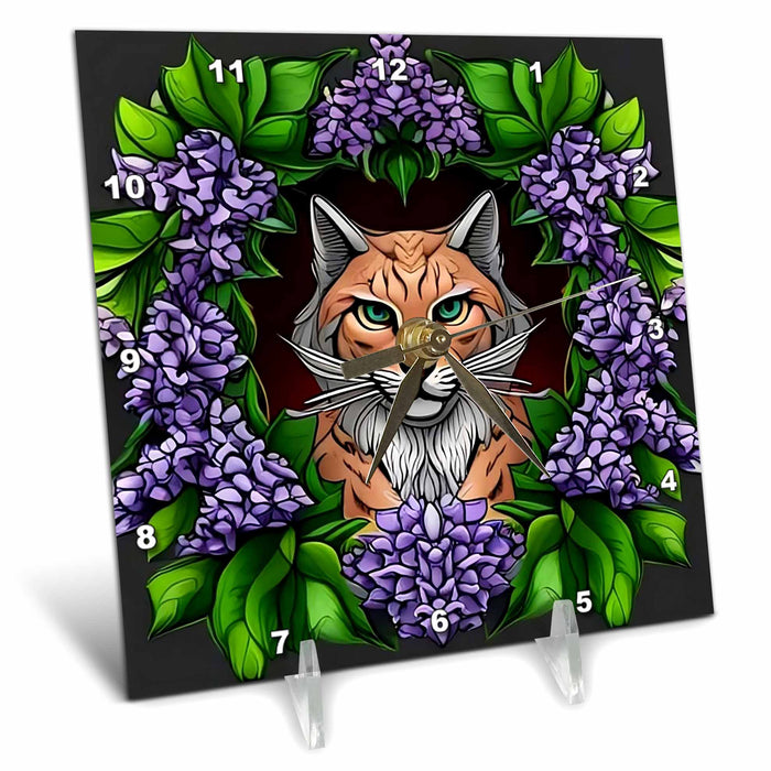 Desk Clock - Bobcat Surrounded By Purple Lilac Blossom New Hampshire State Art Acrylic Painting - New Hampshire State