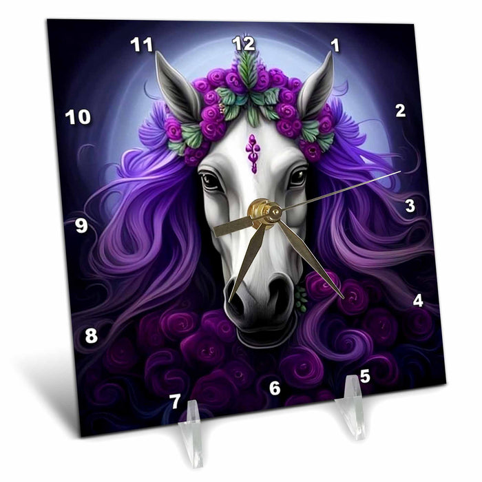 Desk Clock - Horse Surrounded By Purple Violet Flowers New Jersey State Tattoo Art Acrylic Painting - New Jersey State