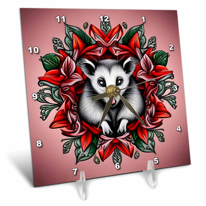 Desk Clock - North American Opossum Surrounded By Carolina Lily Tattoo Art Acrylic Painting - North Carolina State