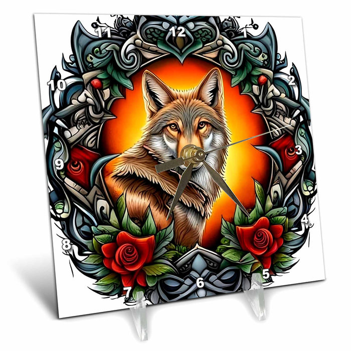 Desk Clock - North Dakota Coyote Surrounded By Prairie Rose Tattoo Art Acrylic Painting - North Dakota State