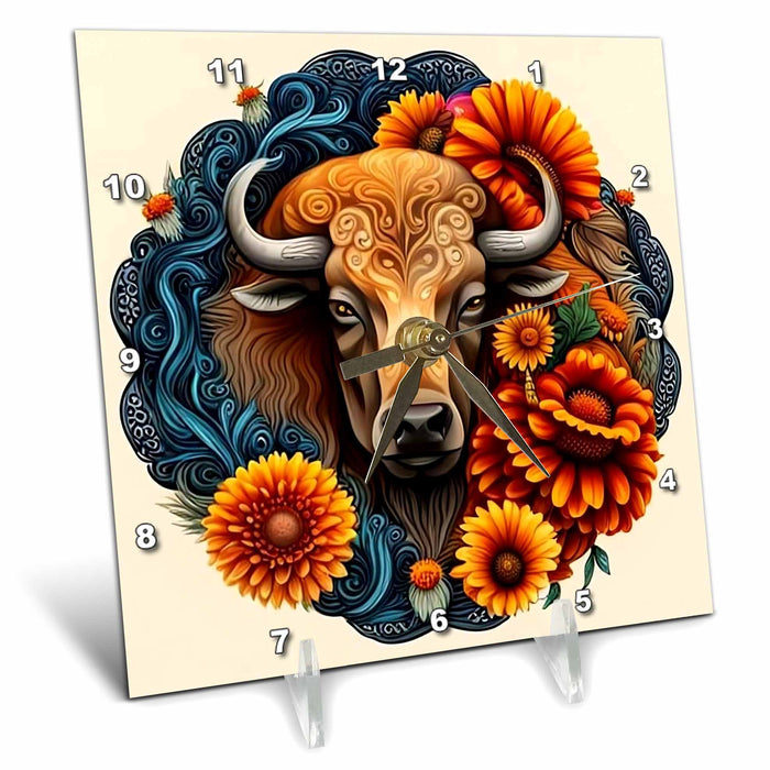 Desk Clock - Buffalo Surrounded By A Wreath Of Orange Flowers Tattoo Art Acrylic Painting - Oklahoma State Emblem