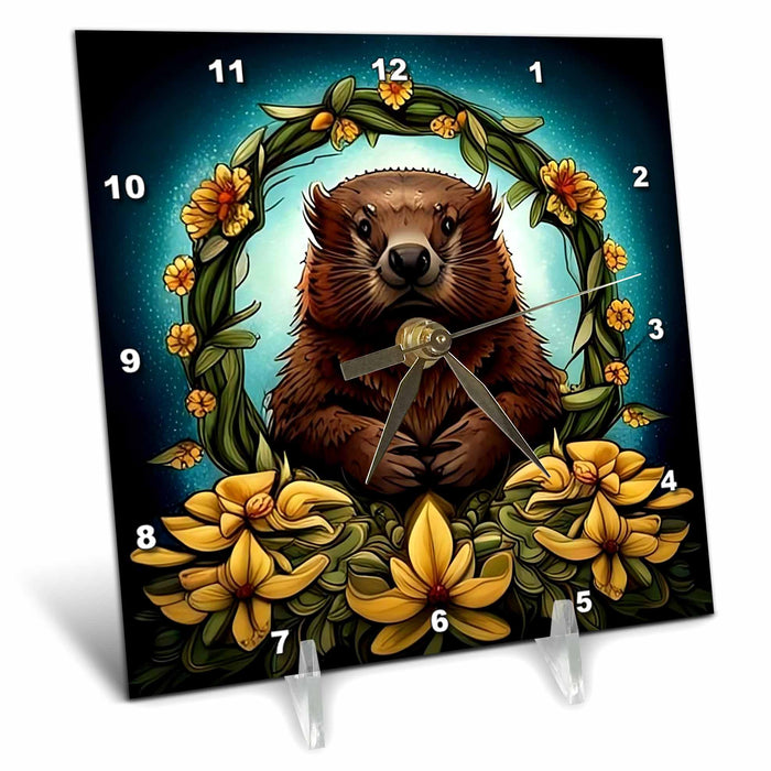 Desk Clock - A Beaver Surrounded By A Wreath Of Oregon Grape Flowers Tattoo Art Acrylic Painting - Oregon State Emblem