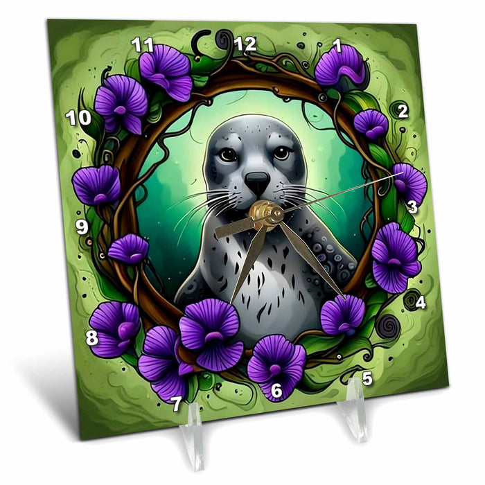 Desk Clock - A Harbor Seal Surrounded By A Wreath Of Violet Viola Tattoo Art Acrylic Painting - Rhode Island Emblem