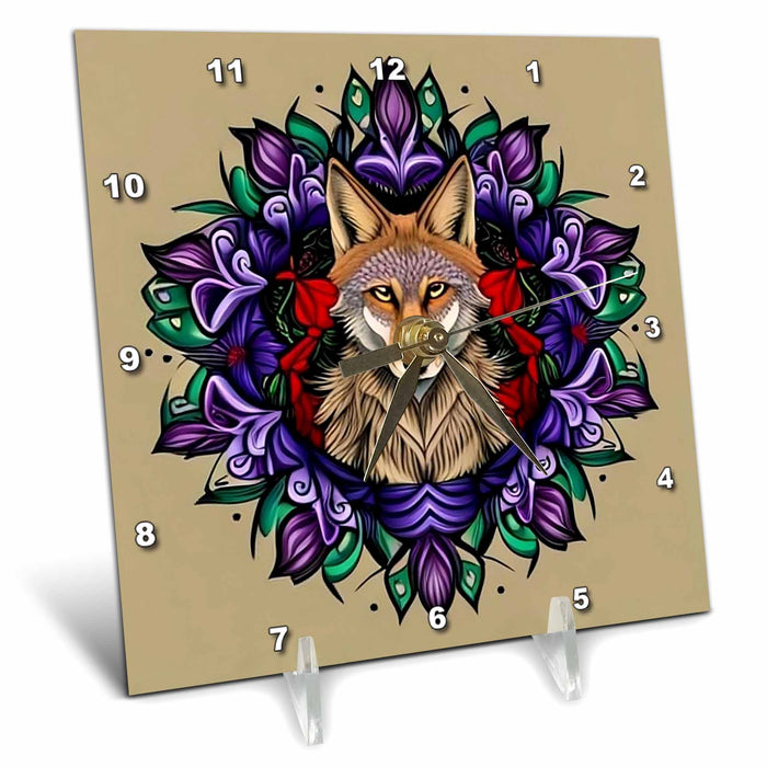 Desk Clock - A Coyote Surrounded By A Wreath Of Pasque Flower Tattoo Art Acrylic Painting - South Dakota Emblem