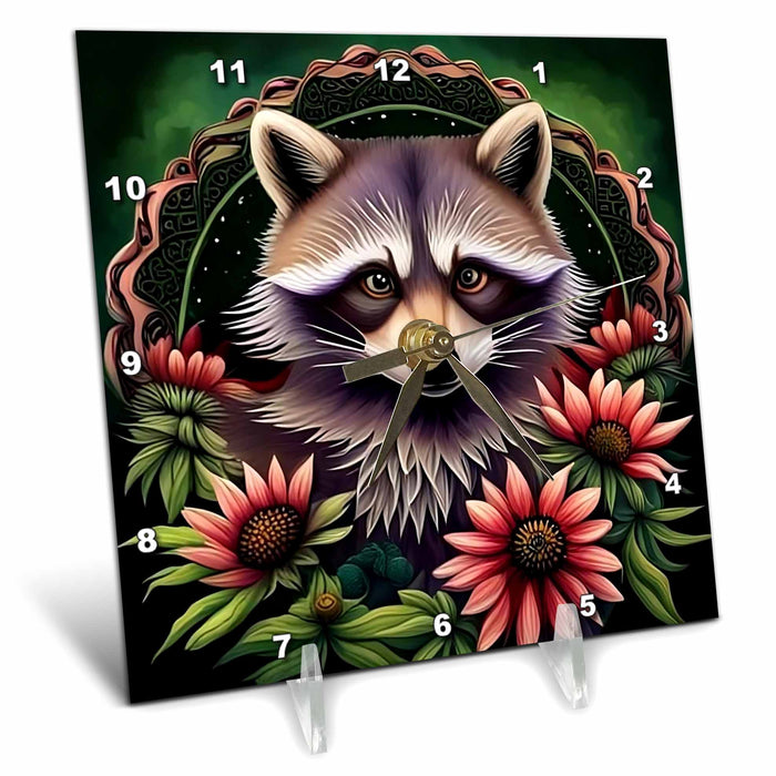 Desk Clock - A Raccoon Surrounded By A Wreath Tennessee Purple Coneflower Acrylic Painting - Tennessee State Emblem