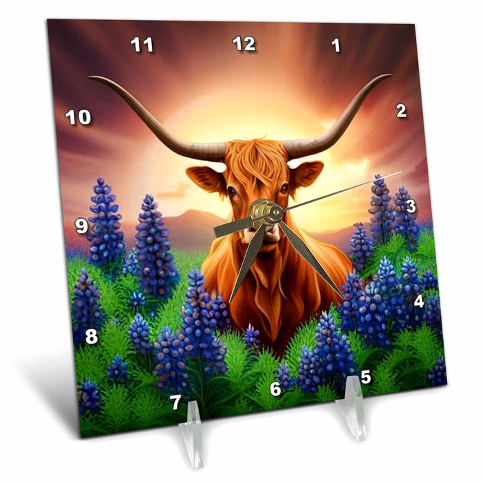 Desk Clock - Longhorn Cattle Surrounded By A Wreath Of Bluebonnet Acrylic Painting - Texas State Emblem