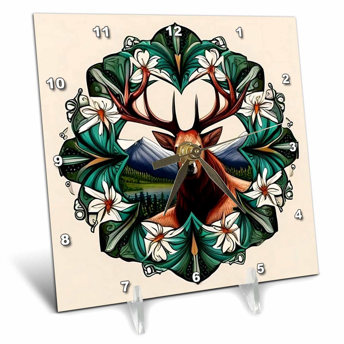 Desk Clock - Elk Surrounded By A Wreath Of Sego Lily Tattoo Style Art Acrylic Painting - Utah State Emblem