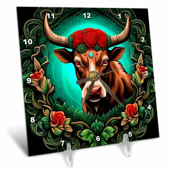 Desk Clock - Ox Surrounded By A Wreath Of Red Clover Tattoo Style Art Acrylic Painting - Vermont State Emblem