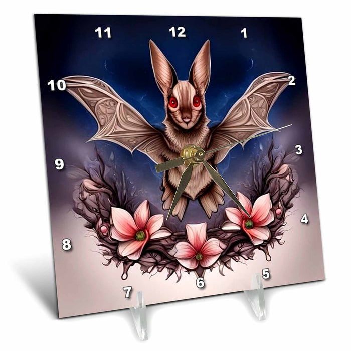 Desk Clock - Virginia Big-Eared Bat Surrounded By A Wreath Of Dogwood Tattoo Style Acrylic Painting - Virginia State Emblem