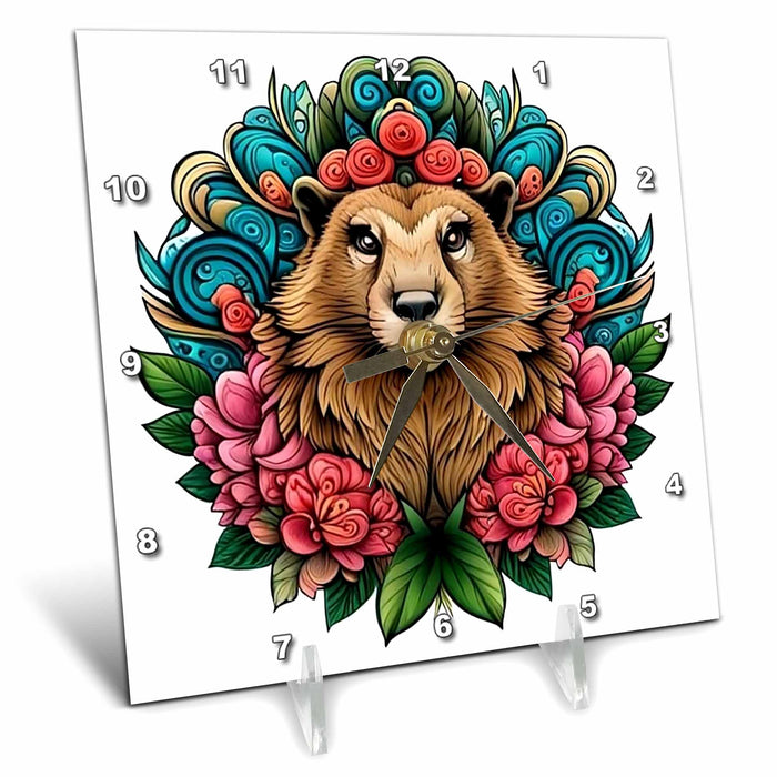 Desk Clock - Olympic Marmot Surrounded By A Wreath Of Rhododendron Tattoo Style Art Acrylic Painting - Washington State