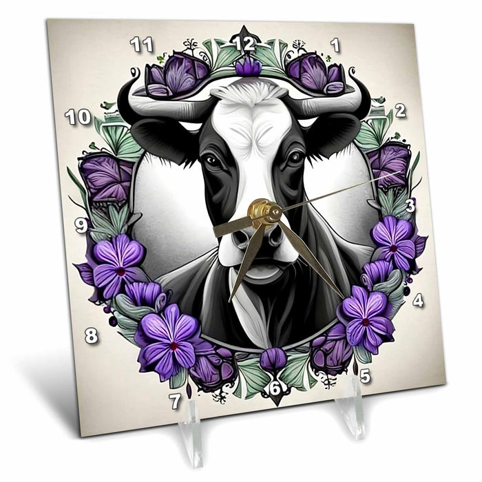 Desk Clock - Cow Surrounded By A Wreath Of Wood Violet Tattoo Style Art Acrylic Painting - Wisconsin State