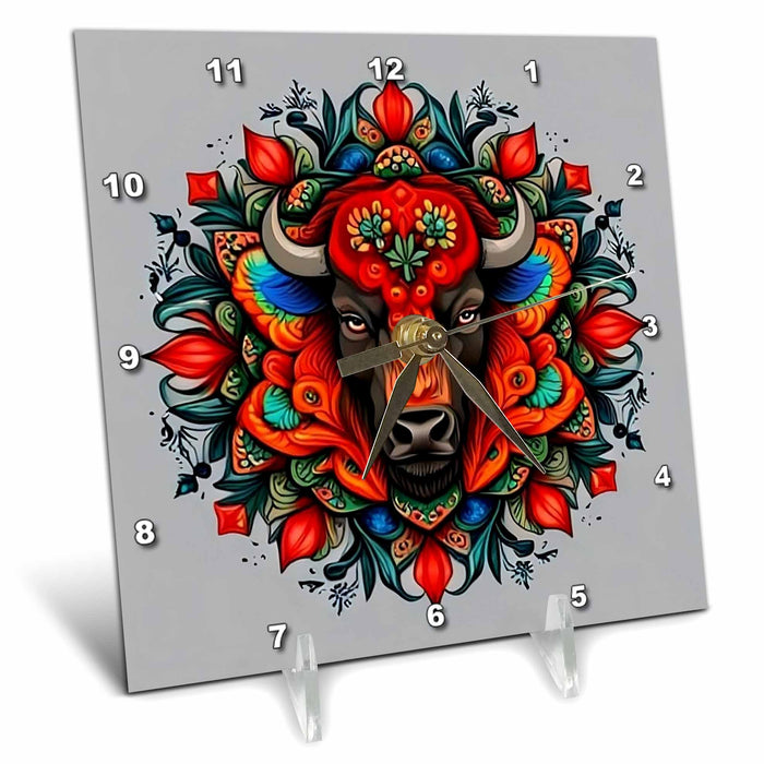 Desk Clock - American bison Surrounded By A Wreath Of Indian Paintbrush Acrylic Painting - Wyoming State