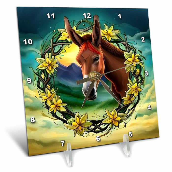 Desk Clock - Mule Surrounded By A Wreath Of Yellow Jasmine Tattoo Style Art Acrylic Painting - South Carolina State