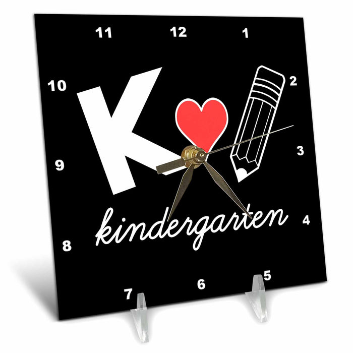 Desk Clock - Kindergarten with clipart heart and pencil. White lettering on black. Stamp City - typography