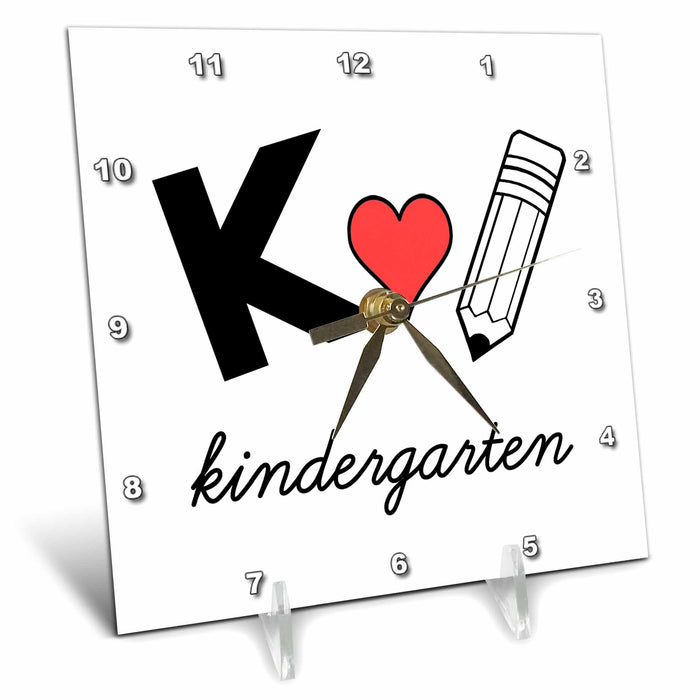 Desk Clock - Kindergarten with clipart heart and pencil. Black lettering on white. Stamp City - typography